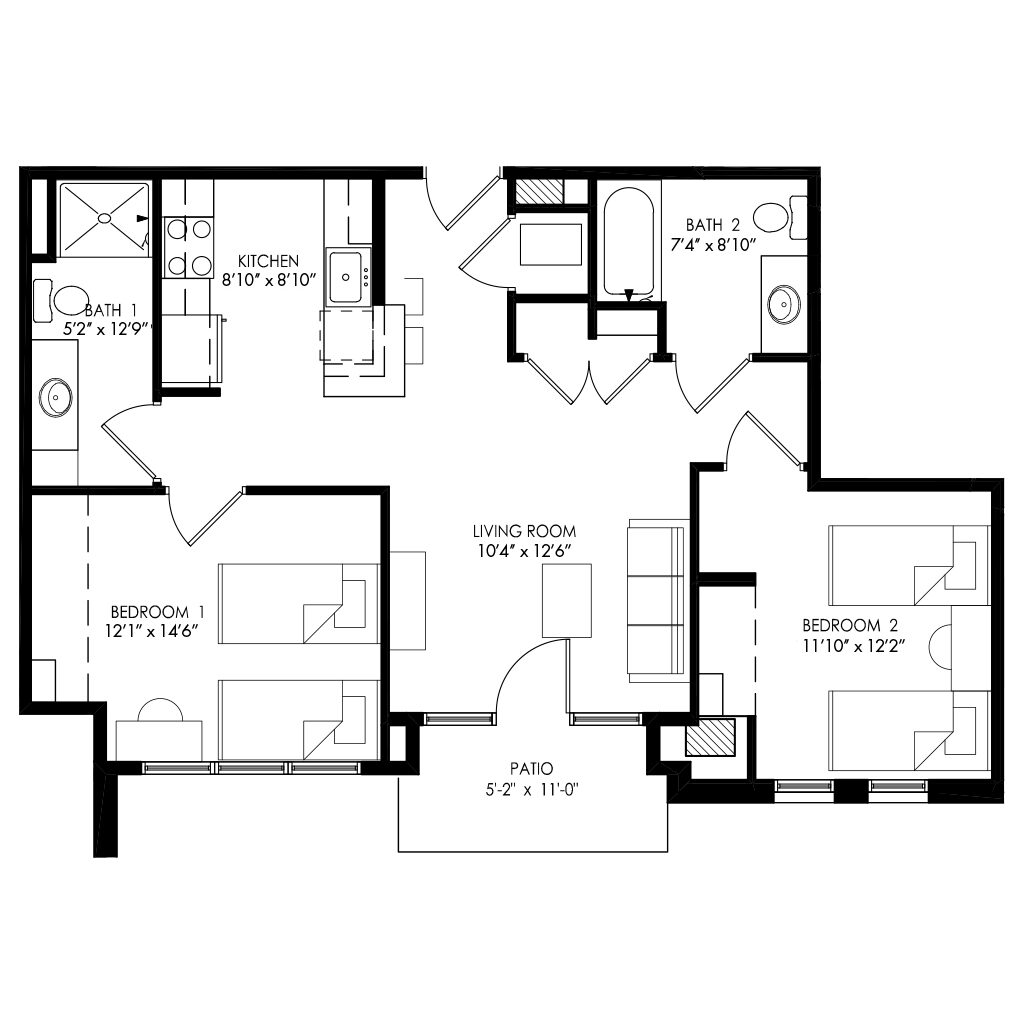 2 bedrooms with separate kitchen area floor plan