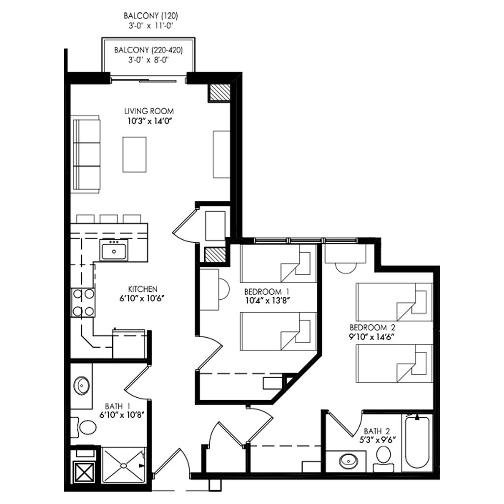 2 bedroom with large kitchen floor plan