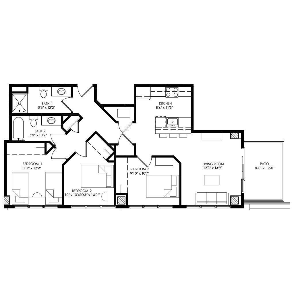 3 bedroom floor plan with unique but spacious shape